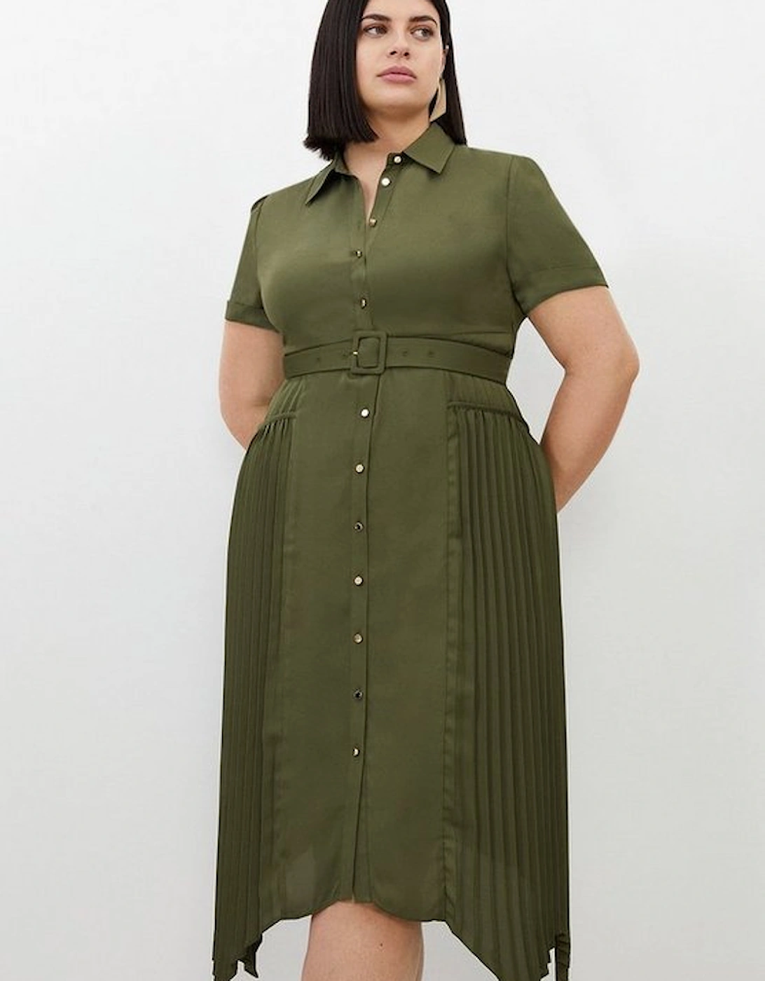 Plus Size Pleated Georgette Woven Midi Shirt Dress, 5 of 4