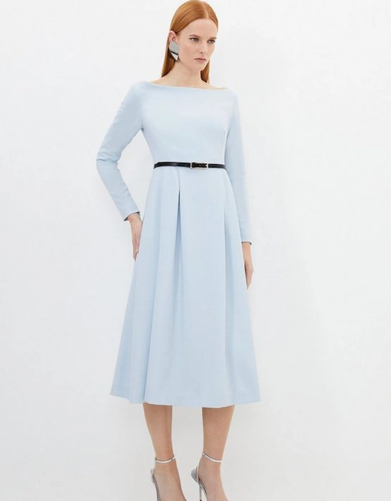 Compact Stretch Off Shoulder Full Skirt Tailored Midi Dress