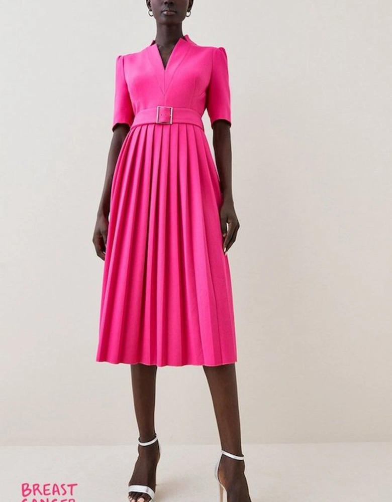 Tailored Structured Crepe Forever Pleat Belted Midi Dress