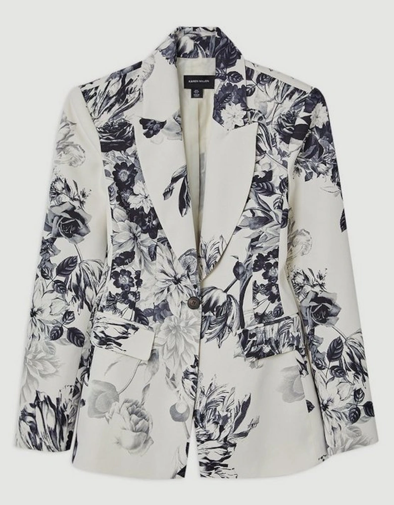 Tailored Crepe Printed Mono Floral Single Breasted Blazer