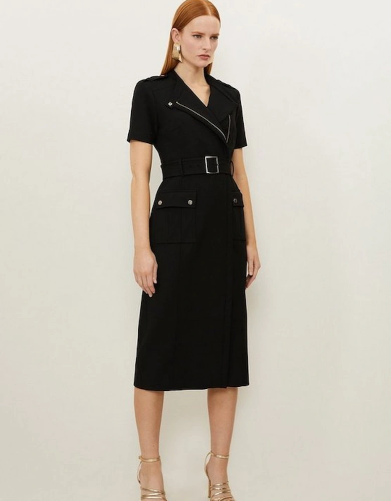 Compact Stretch Wrap Belted Tailored Midi Dress