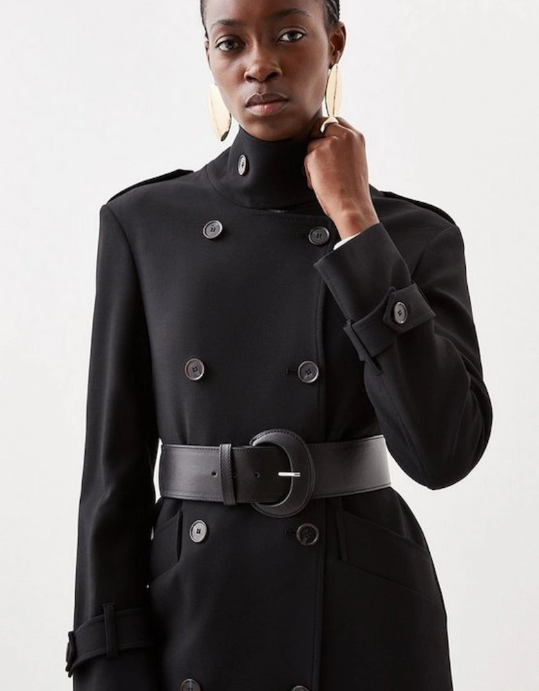 Compact Stretch Belted Double Breasted Maxi Tailored Coat