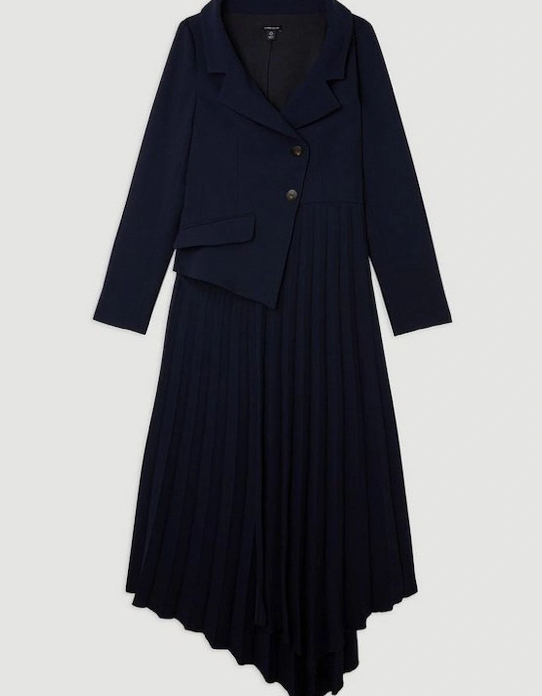 Tailored Crepe Asymmetric Pleated Skirt Blazer Midaxi Dress