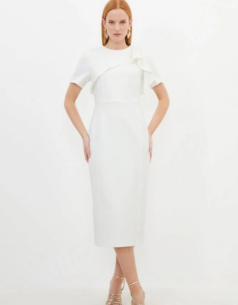 Petite Tailored Structured Crepe Ruffle Pencil Midi Dress