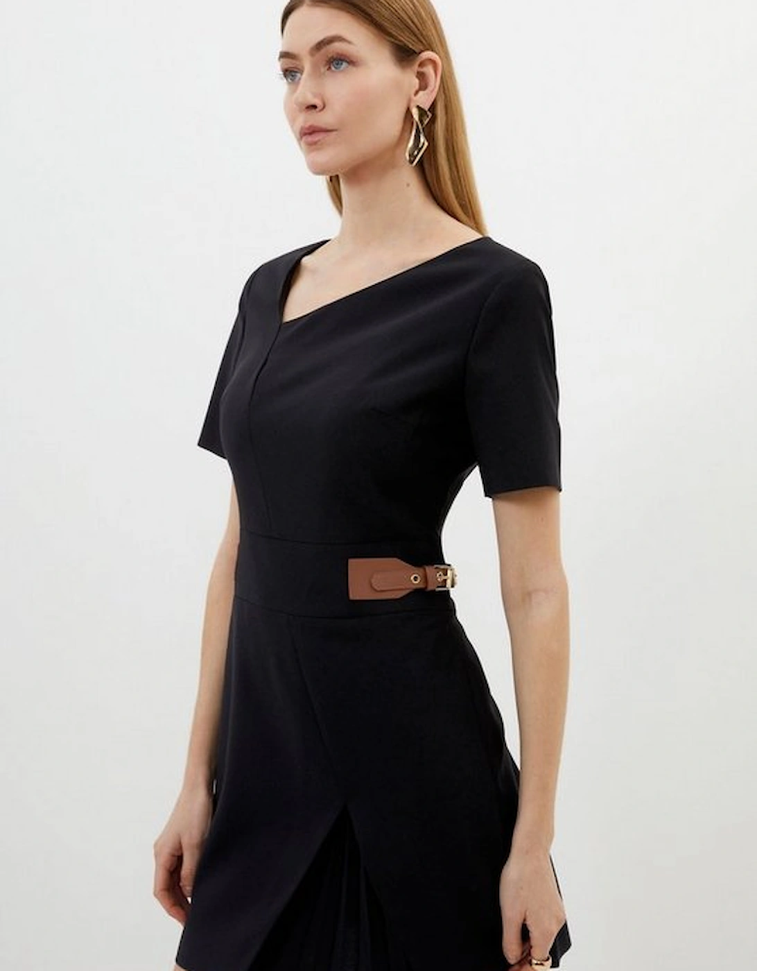 Tailored Crepe Asymmetric Neckline Pleated Midi Dress