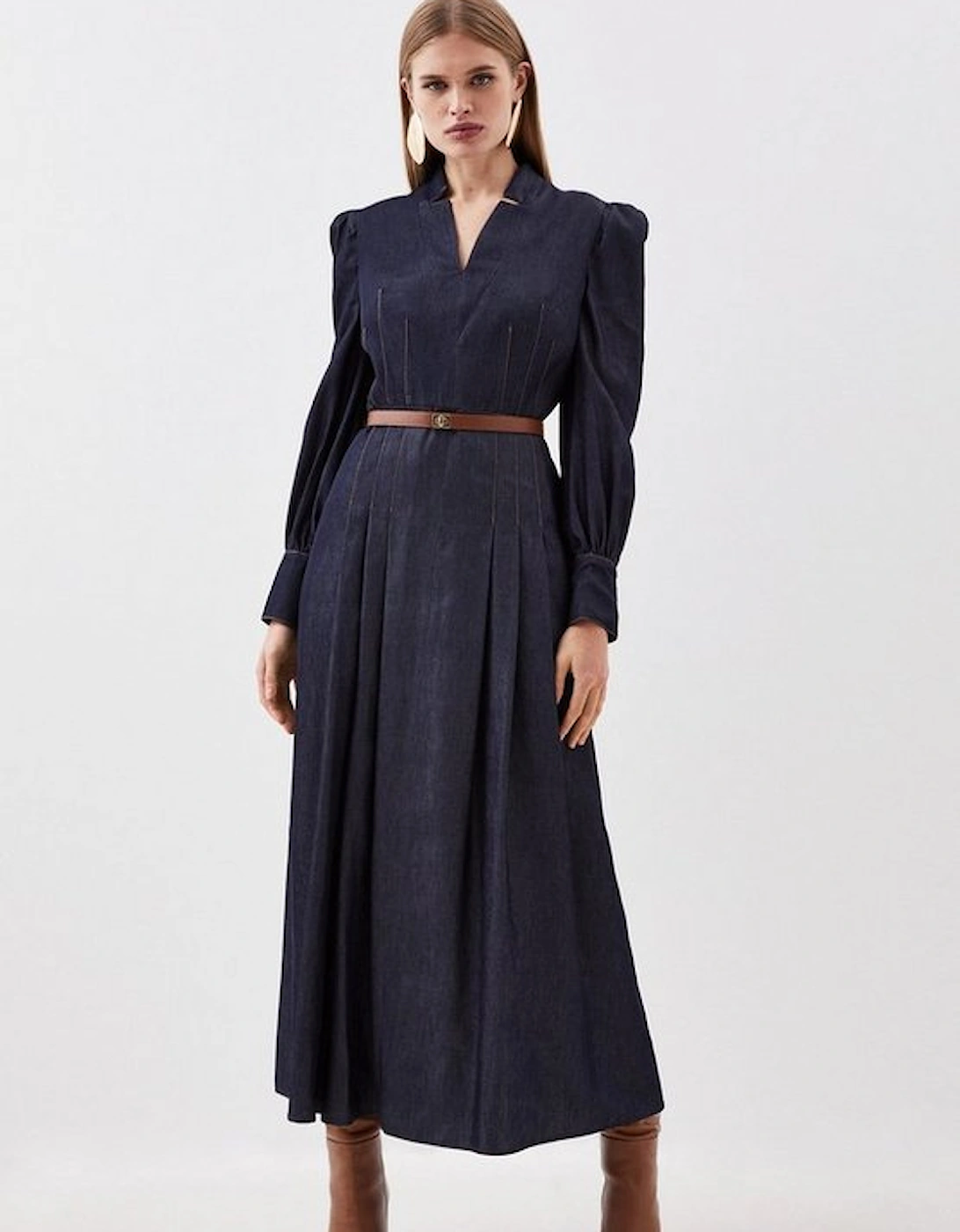 Tailored Denim Forever Belted Pleat Midi Dress, 8 of 7