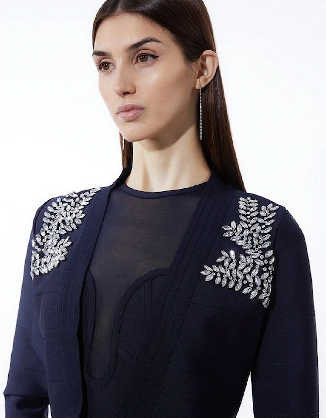 Figure Form Bandage Embellished Feather Cuff Crop Knit Jacket