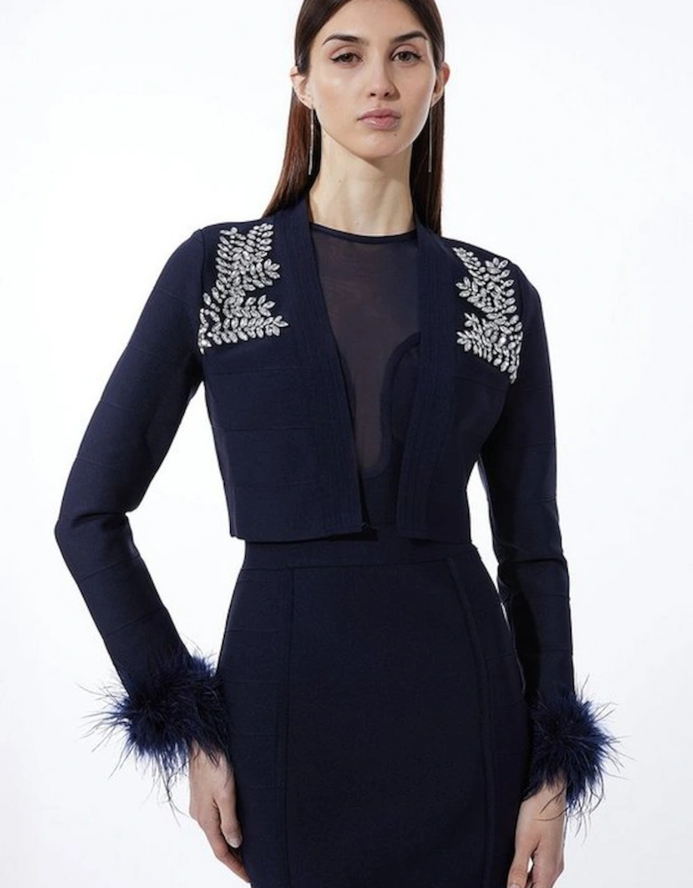 Figure Form Bandage Embellished Feather Cuff Crop Knit Jacket