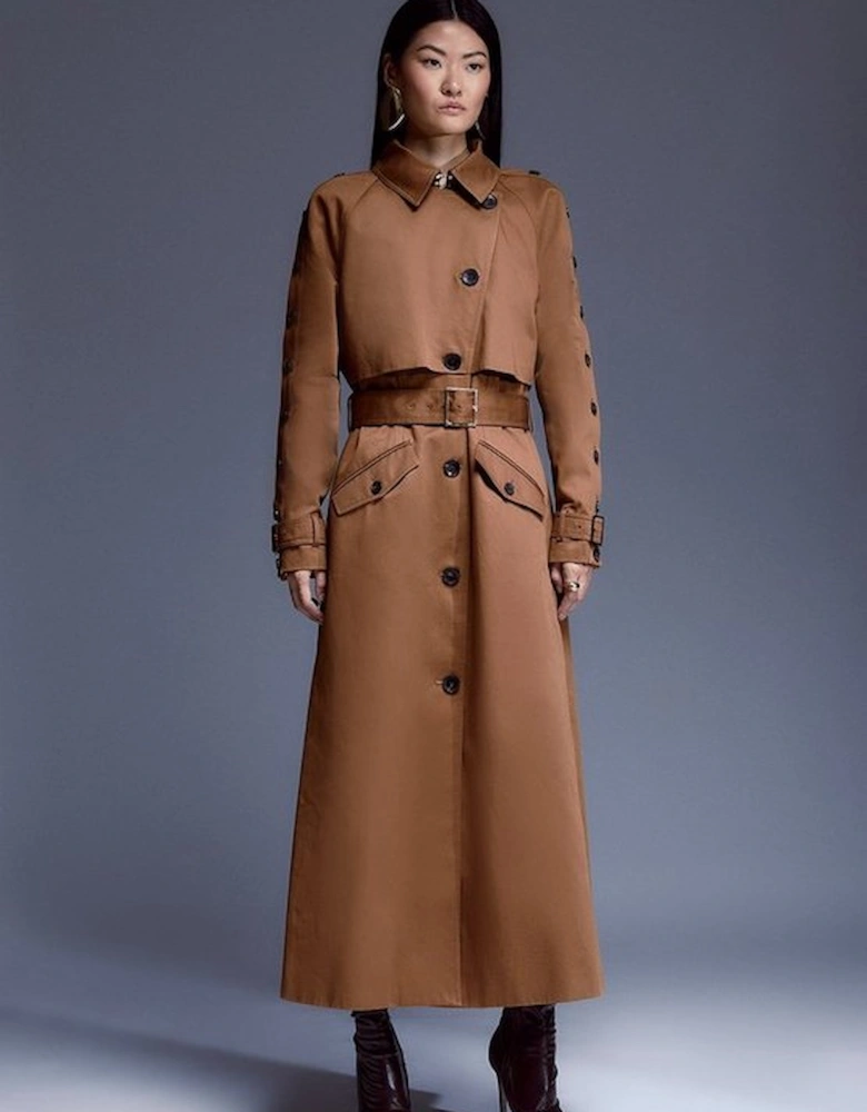 Button Detail Belted Maxi Trench Coat