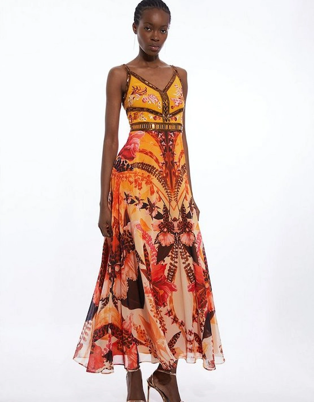 Placed Floral And Embroidered Strappy Woven Maxi Dress, 4 of 3