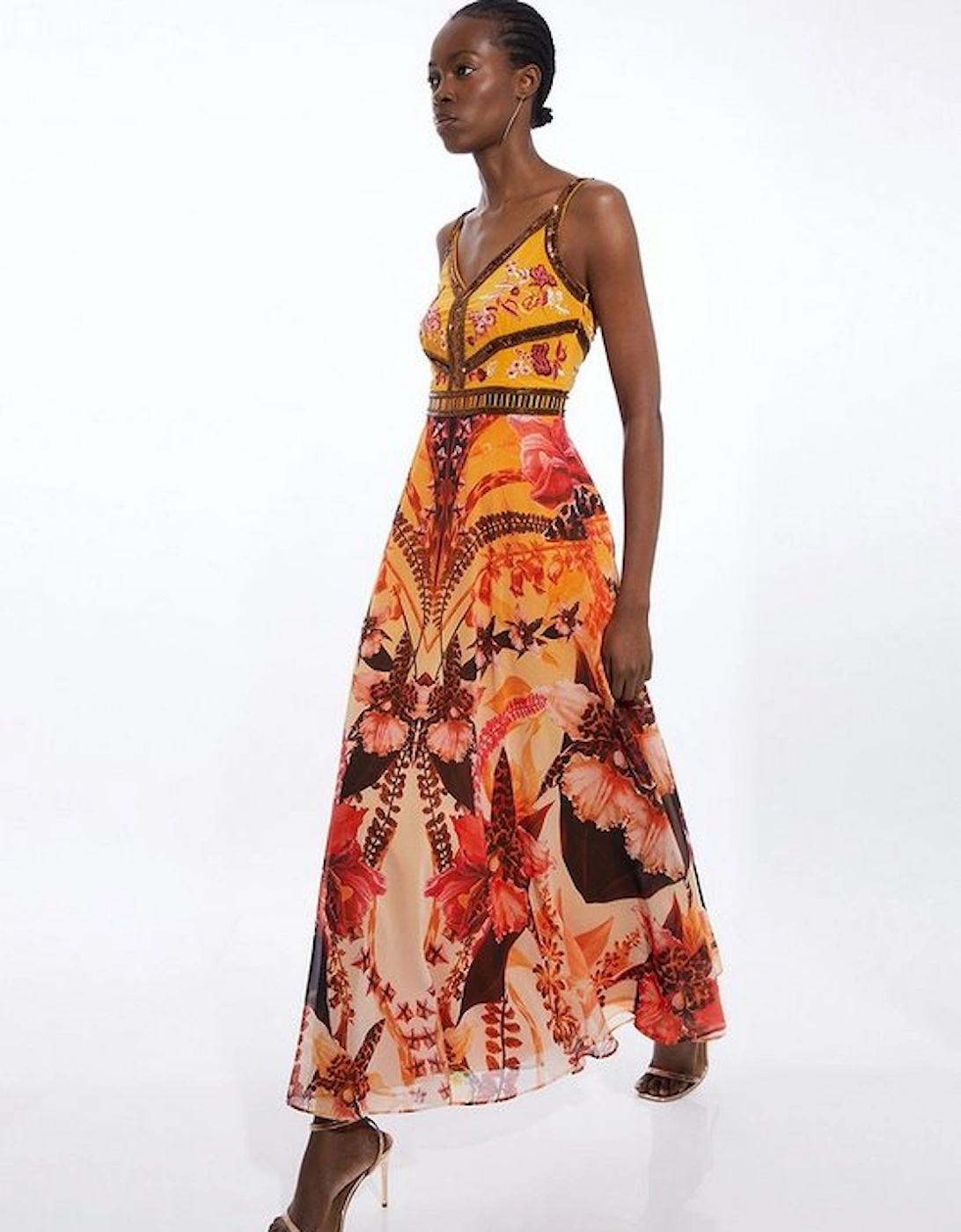 Placed Floral And Embroidered Strappy Woven Maxi Dress