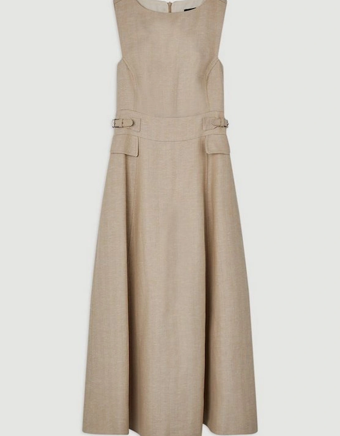 Premium Linen Tab Waist Detail Full Skirt Tailored Midi Dress