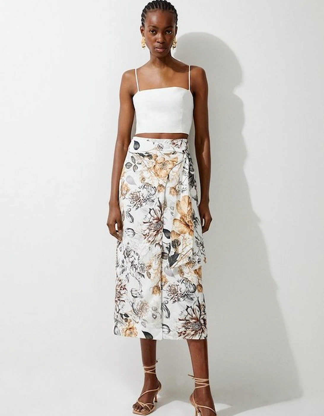 Spring Floral Viscose Linen Woven Tie Wrap Midi Skirt, 5 of 4