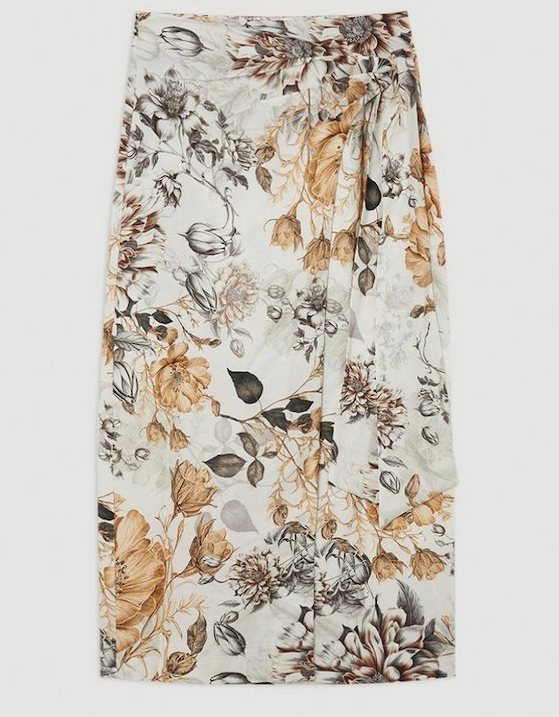 Spring Floral Viscose Linen Woven Tie Wrap Midi Skirt