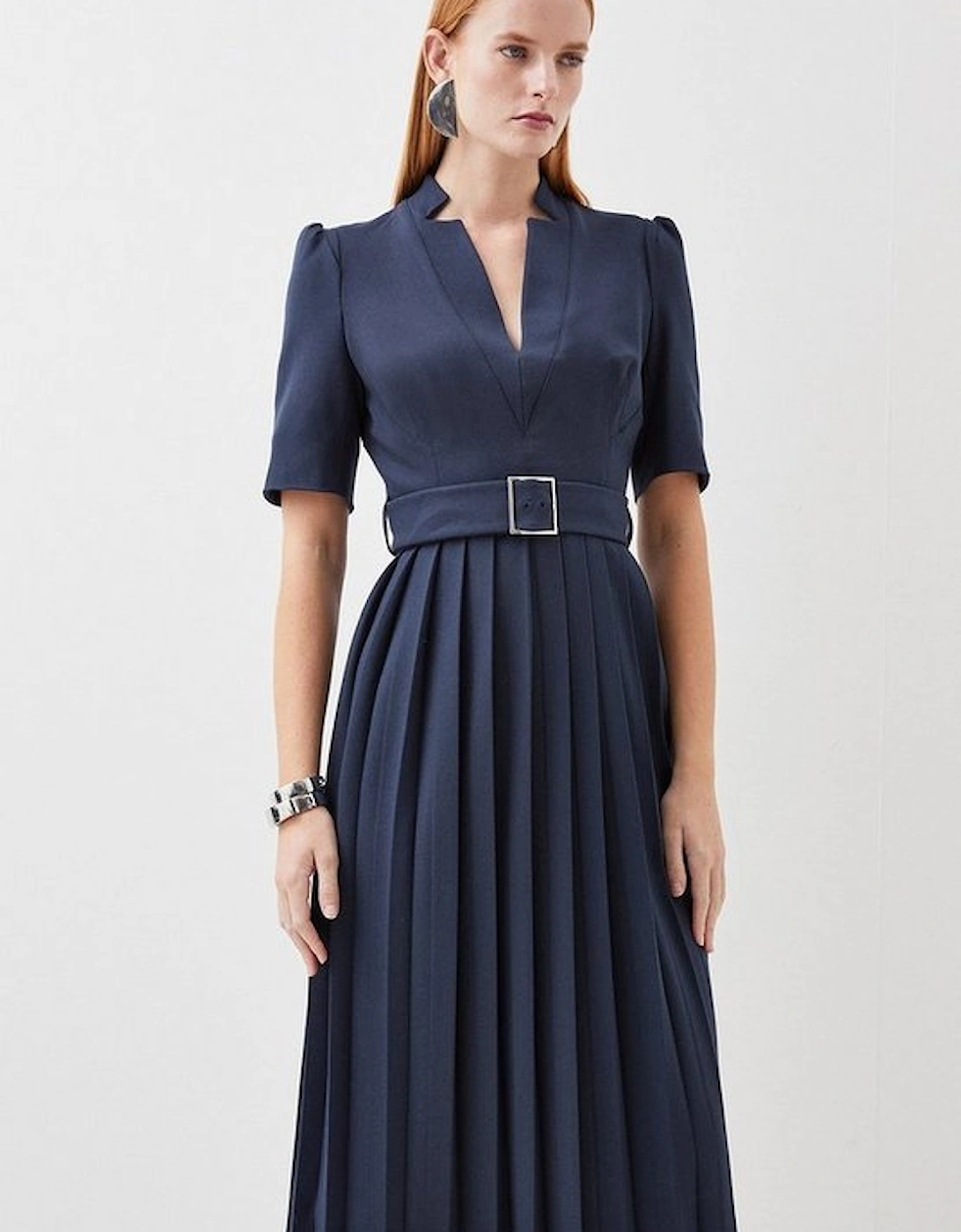 Tailored Structured Crepe Forever Pleat Belted Midi Dress