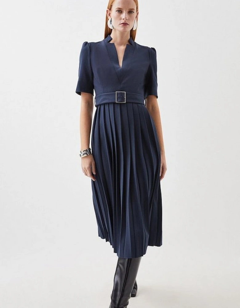 Tailored Structured Crepe Forever Pleat Belted Midi Dress