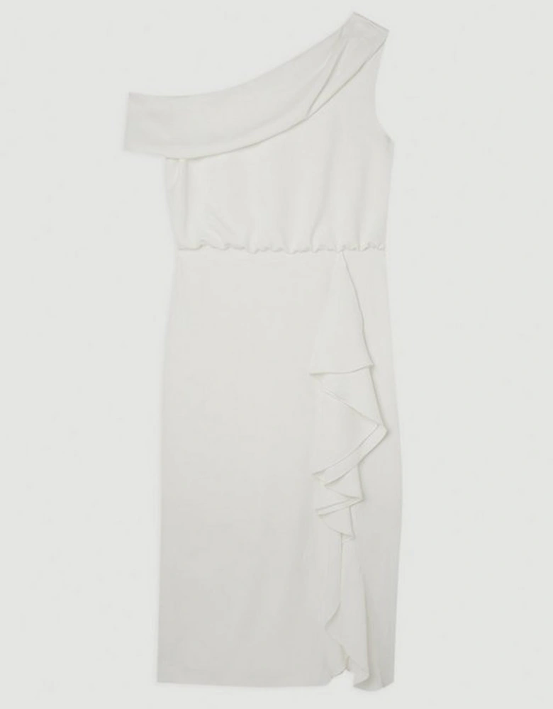 Premium Crepe Asymmetric Neck Drape Detail Midi Dress