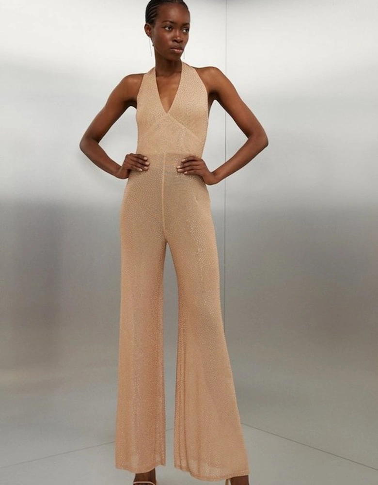 Embellished Halterneck Wide Leg Jersey Jumpsuit