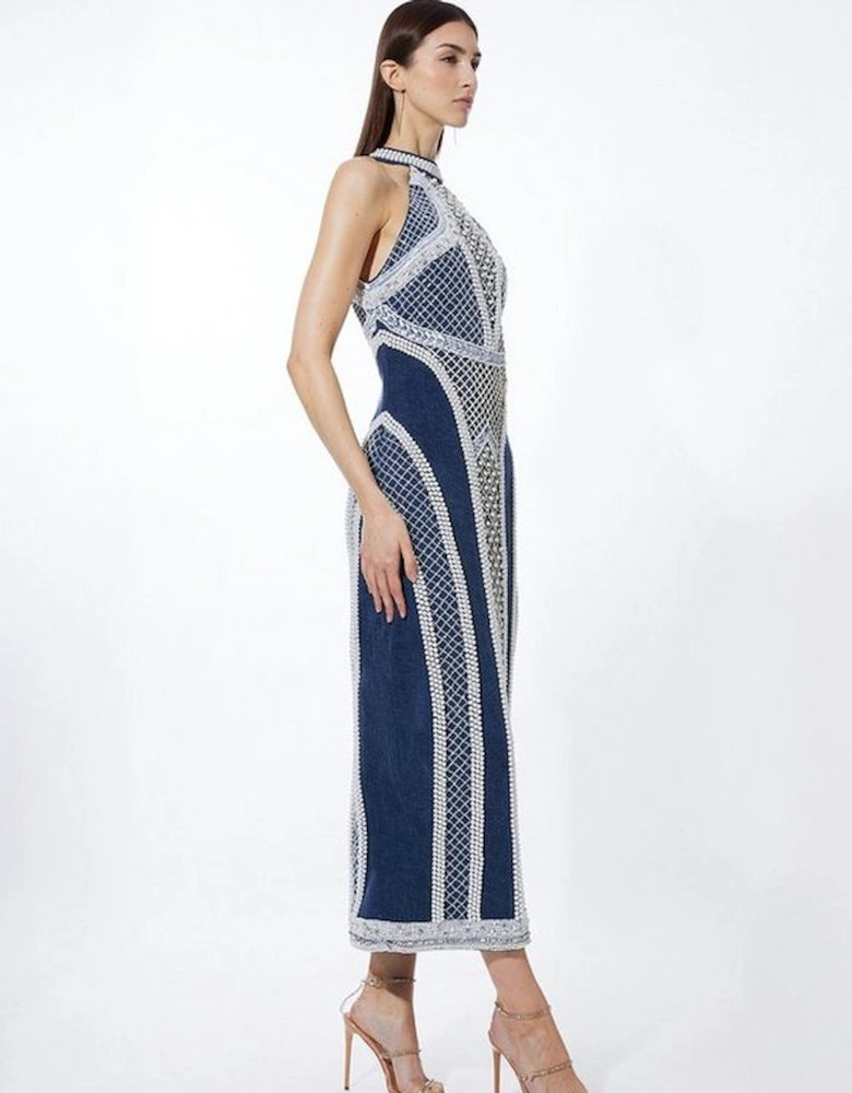 Embellished Pearl Denim Woven Maxi Dress
