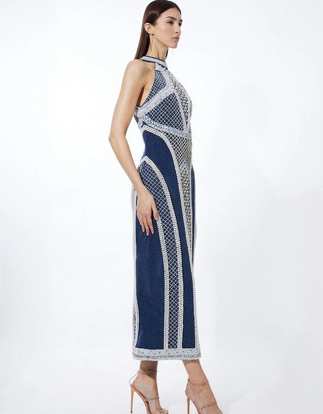 Embellished Pearl Denim Woven Maxi Dress, 5 of 4