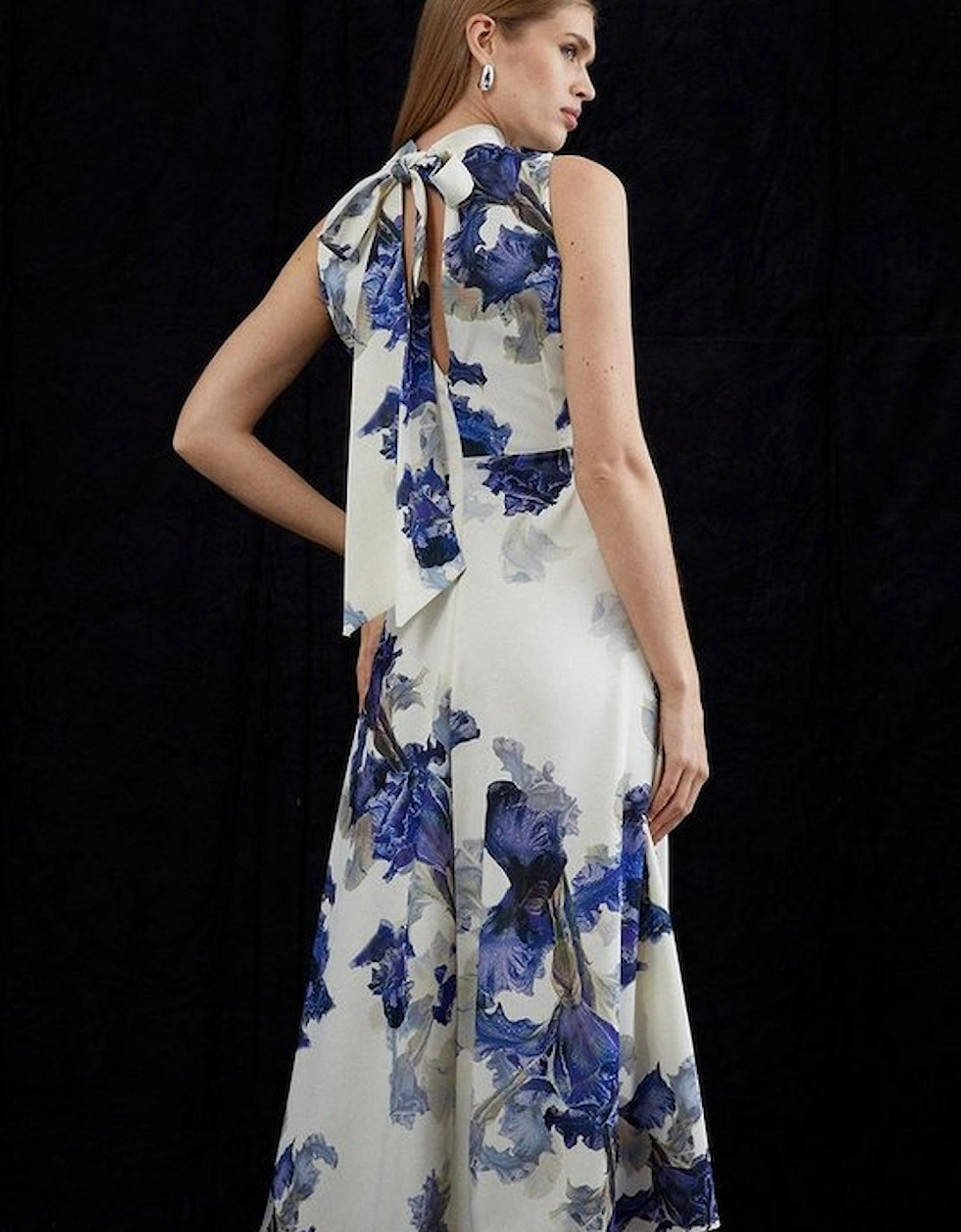 Tailored Crepe Floral Print Tie Neck Midi Dress