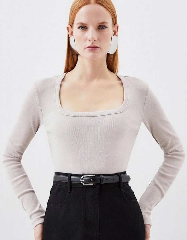 Compact Jersey Rib Square Neck Long Sleeve Top