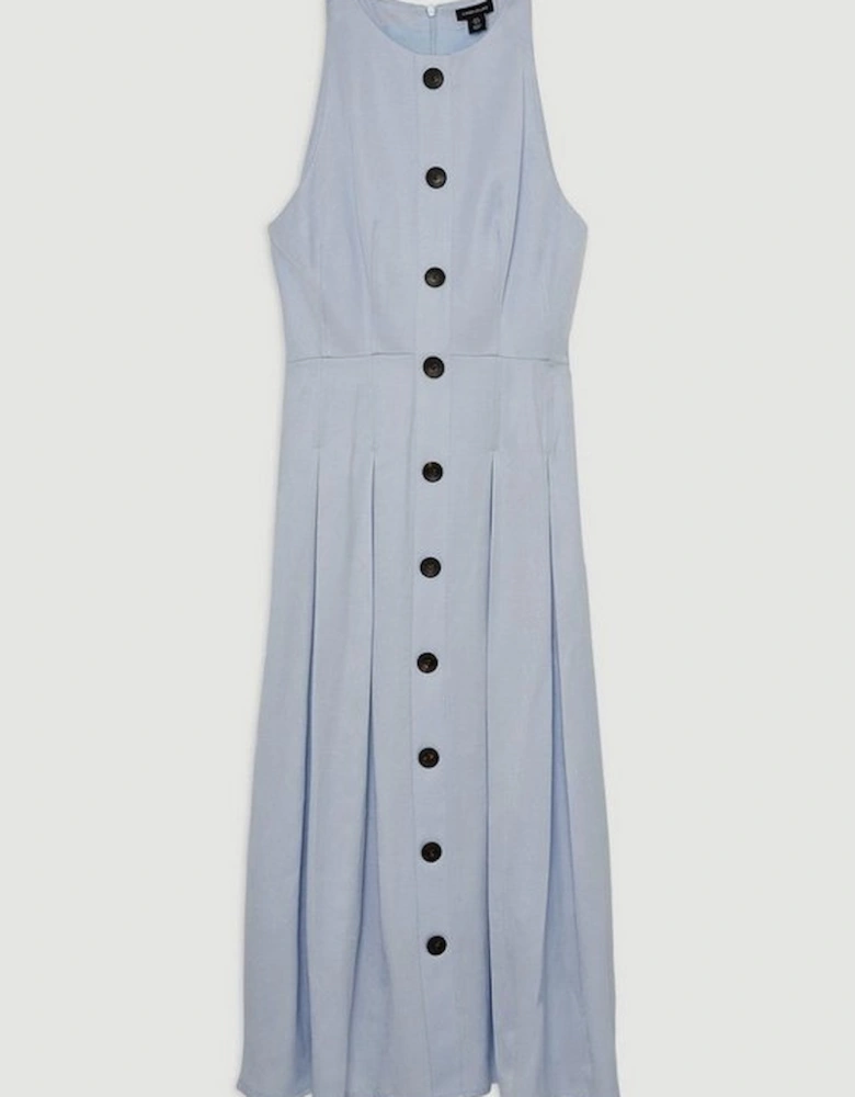 Premium Tailored Linen Button Through Full Skirted Midi Dress