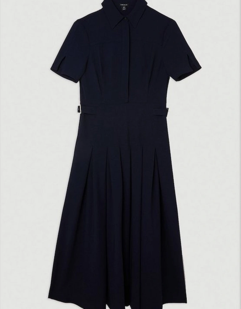 Tailored Crepe Short Sleeve Pleated Midi Dress