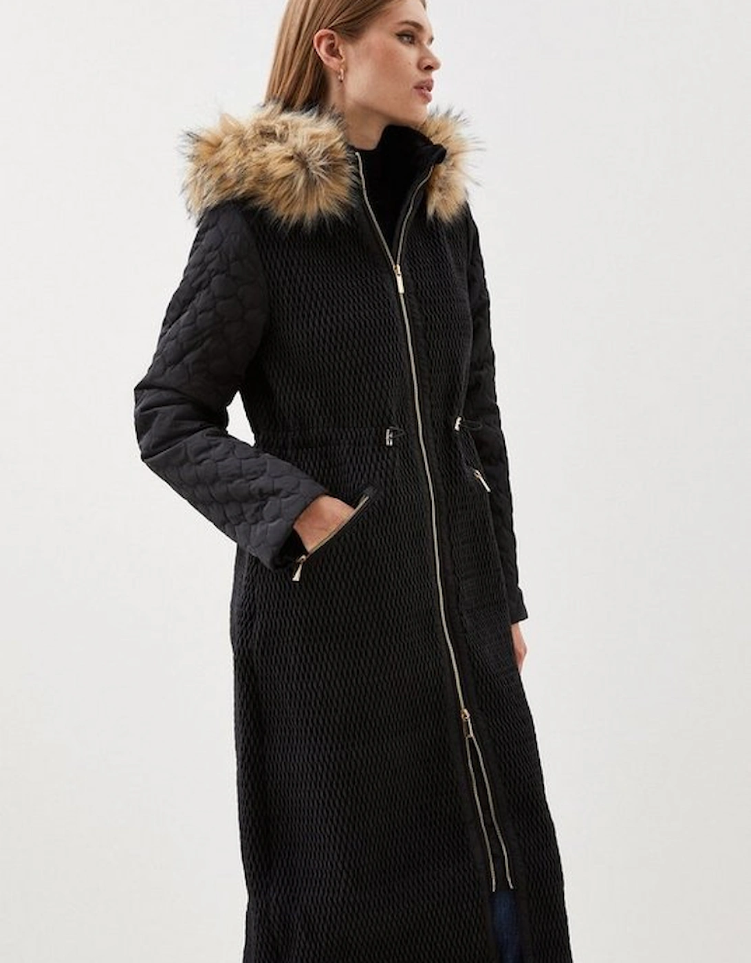 Signature Quilt Faux Fur Hood Longline Coat, 8 of 7
