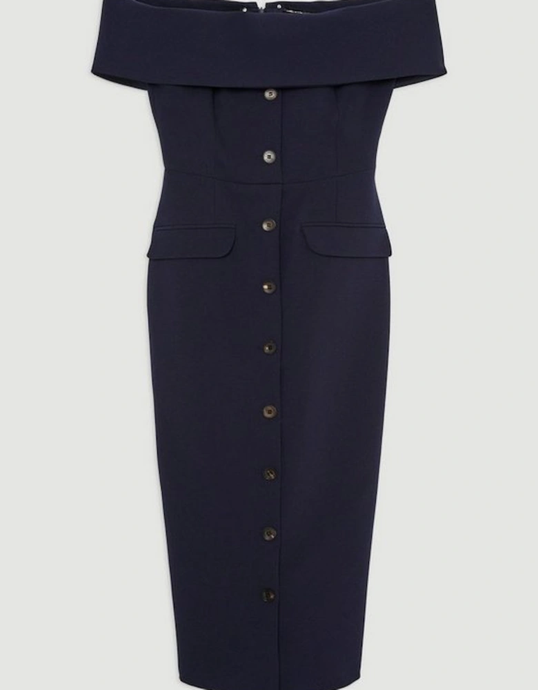 Clean Tailored Bardot Button Through Midi Dress