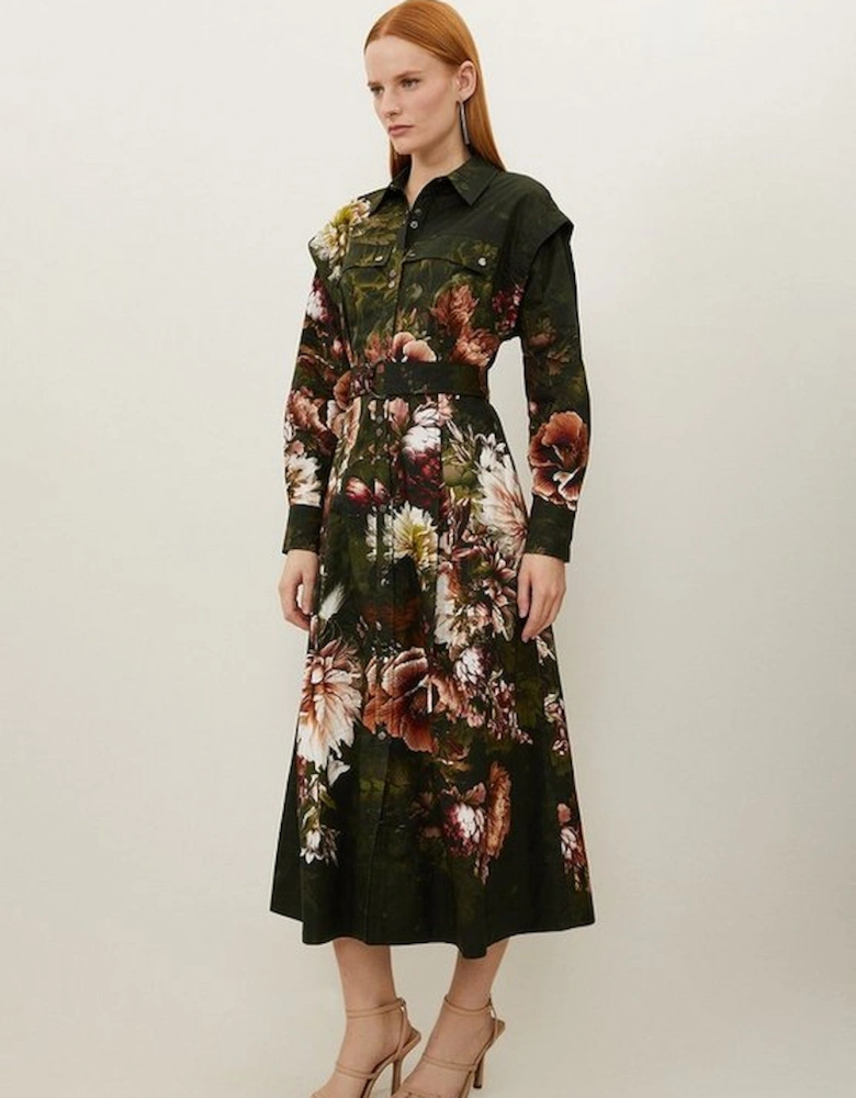 Placed Floral Cotton Sateen Shirt Dress