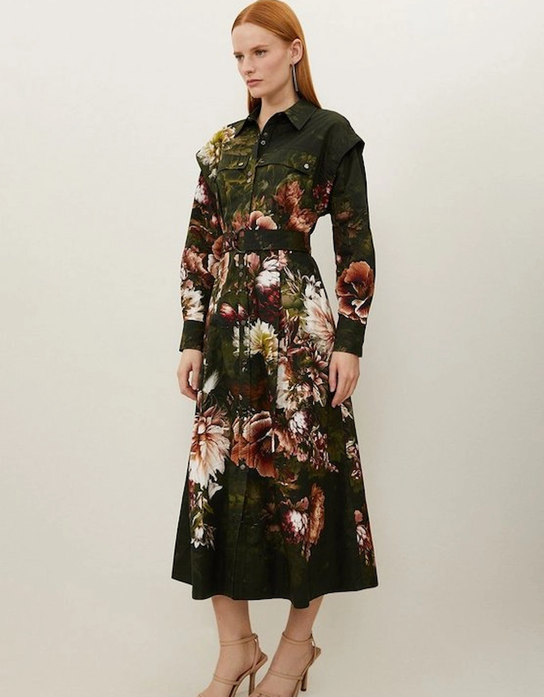 Placed Floral Cotton Sateen Shirt Dress, 2 of 1
