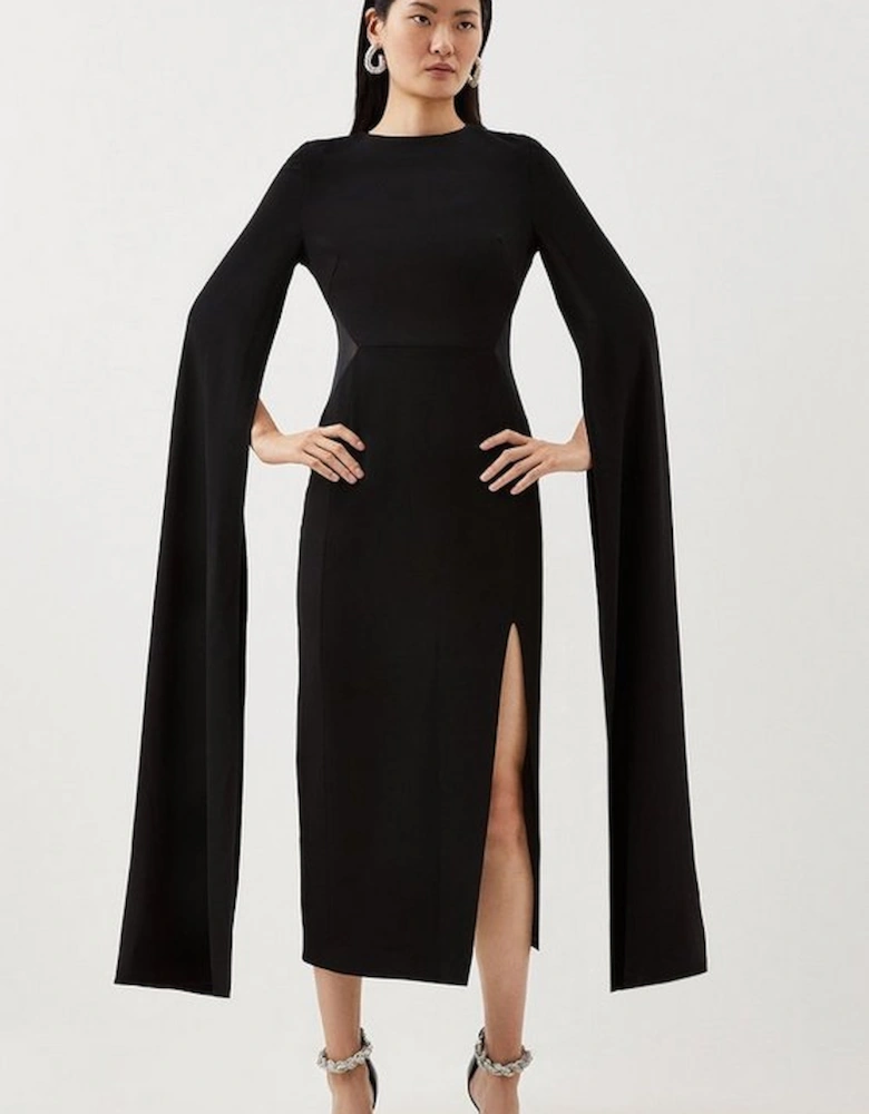 Tailored Compact Stretch Viscose Cape Mesh Panel Midi Dress