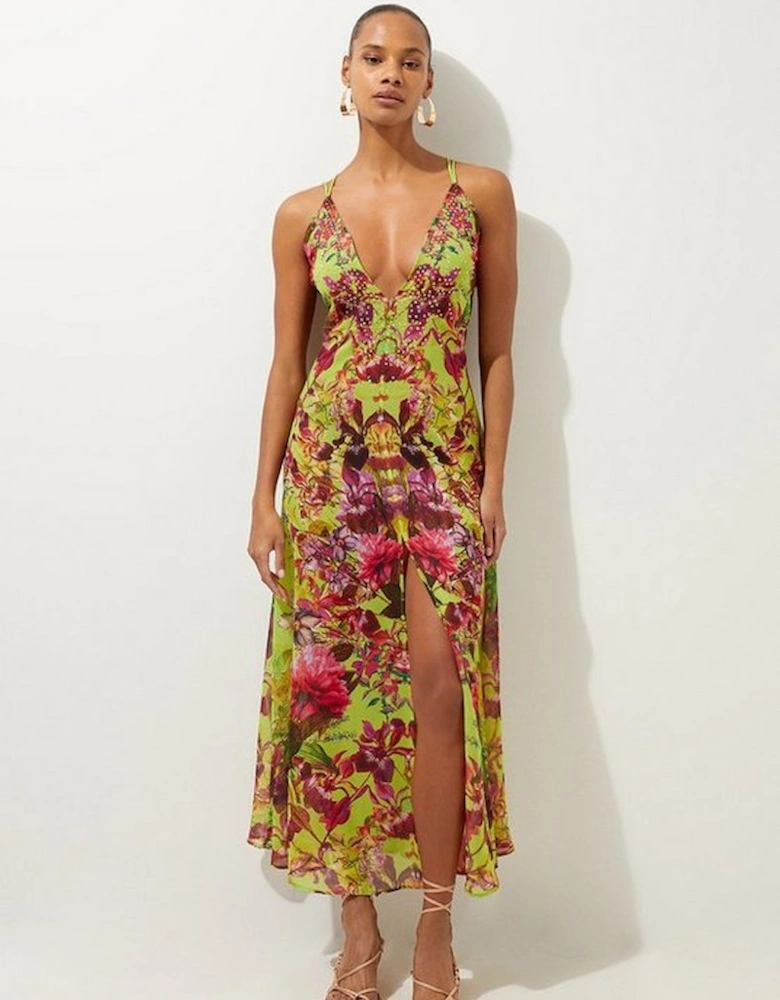 Embellished Mirrored Floral Strappy Beach Maxi Dress