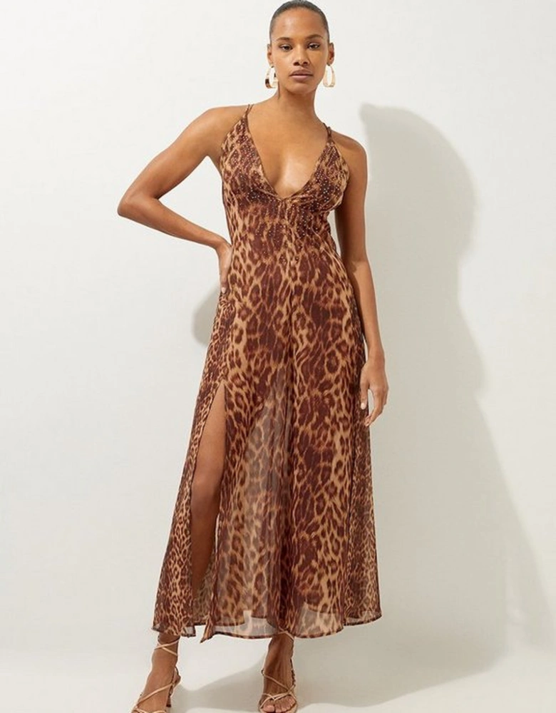 Cheetah Print Embellished Georgette Woven Beach Maxi Dress