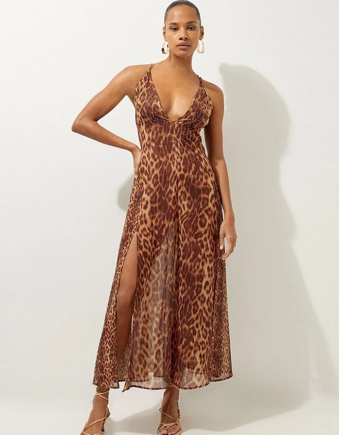 Cheetah Print Embellished Georgette Woven Beach Maxi Dress, 5 of 4