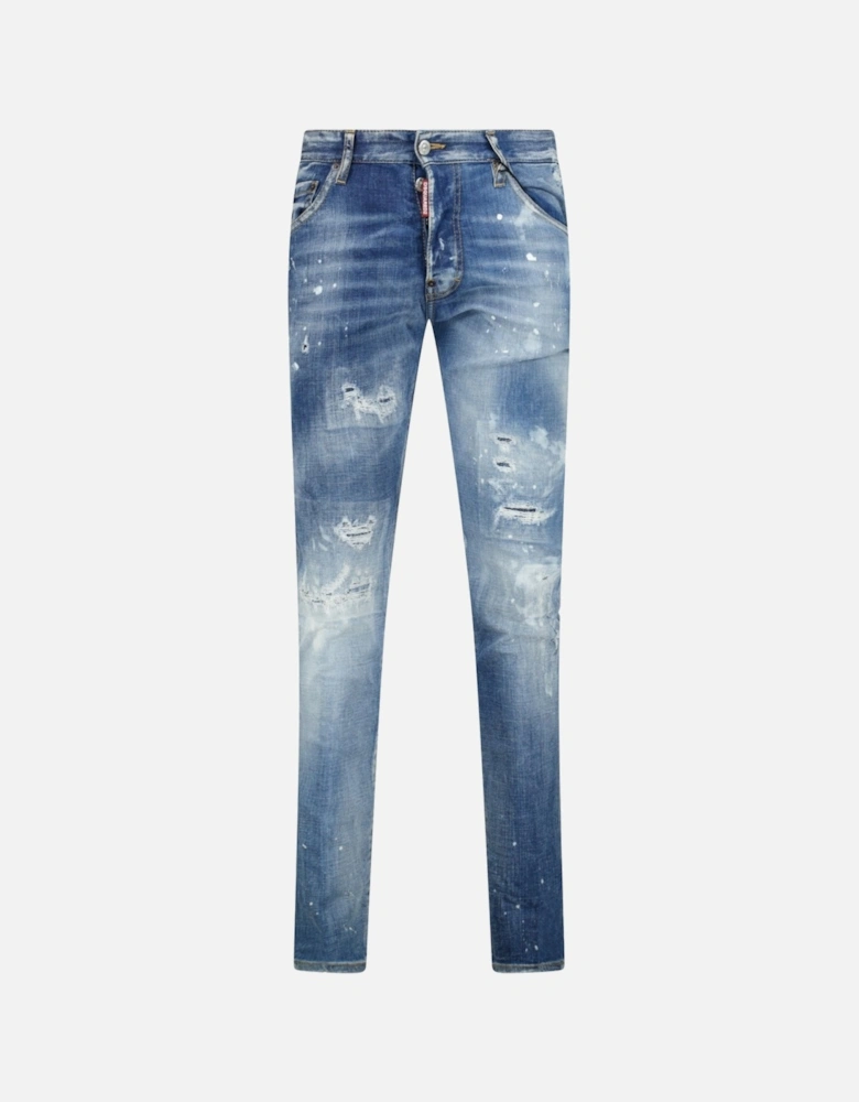 'Cool Guy' Paint Splatter Slim Fit Jeans Blue