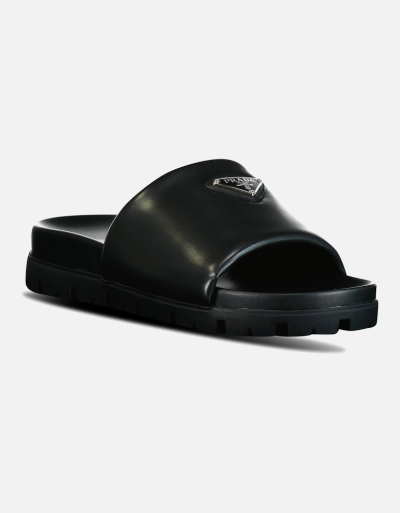 TRIANGLE LOGO CHUNKY NAPPA LEATHER SLIDES BLACK