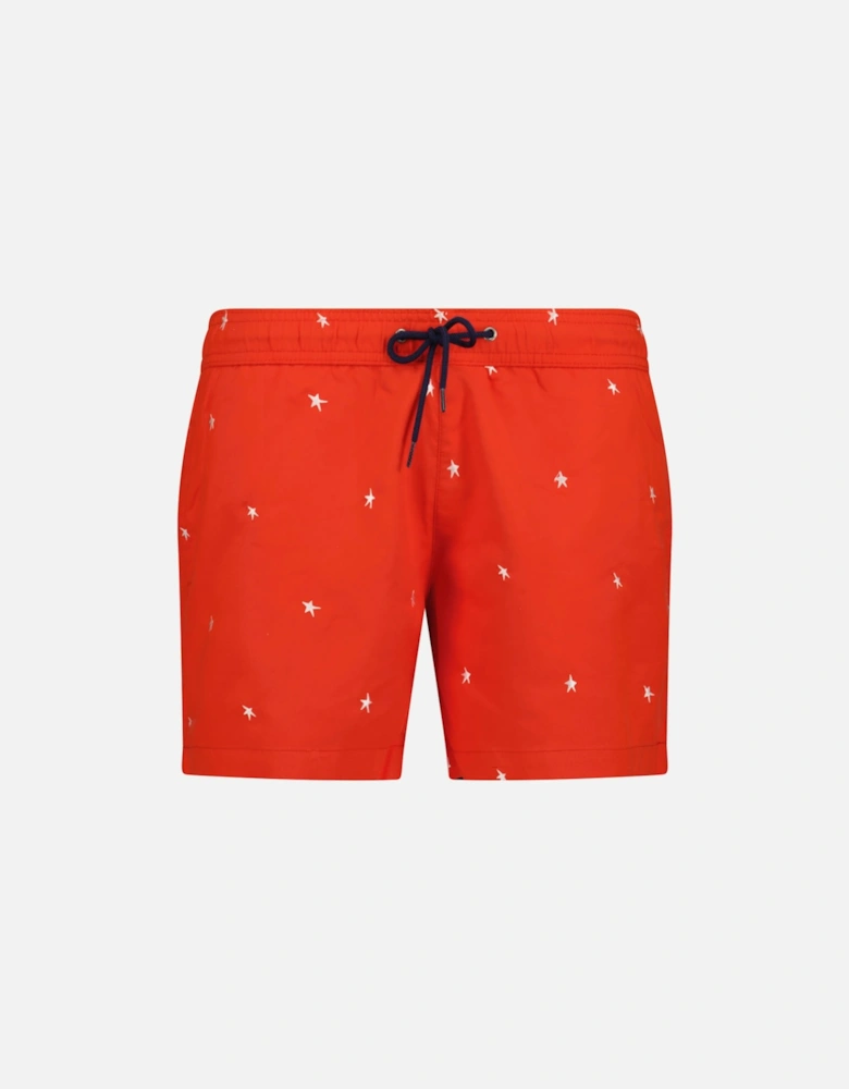 Star Print Pull-String Swim Shorts Red