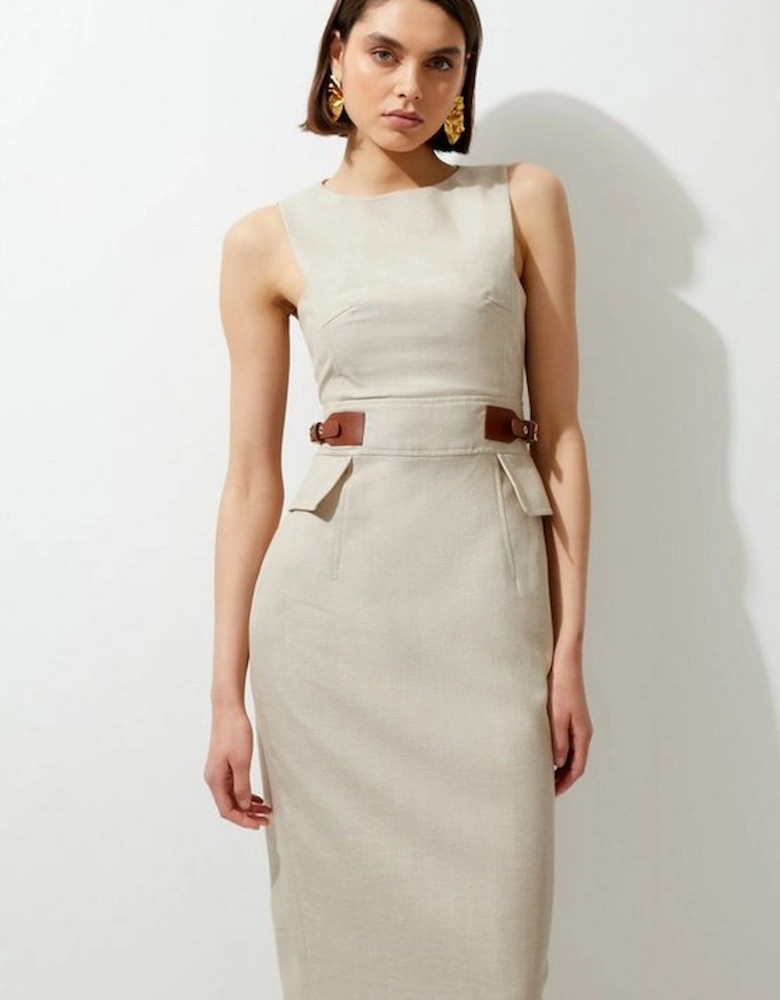 Premium Linen Tab Waist Detail Tailored Midi Dress