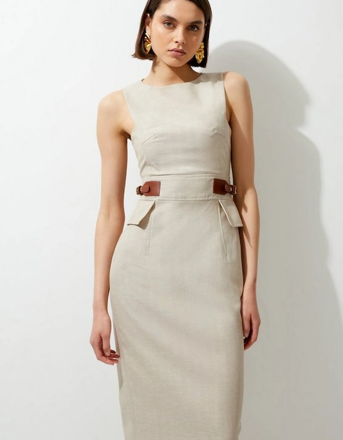 Premium Linen Tab Waist Detail Tailored Midi Dress, 4 of 3