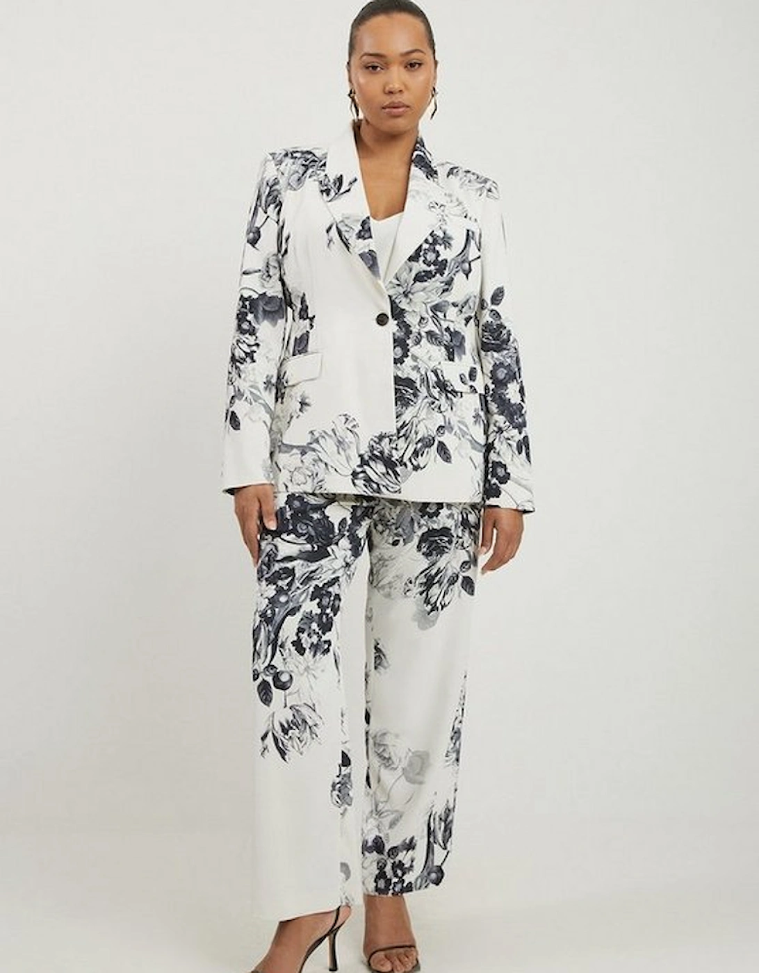 Plus Size Tailored Crepe Mono Floral Single Breasted Blazer