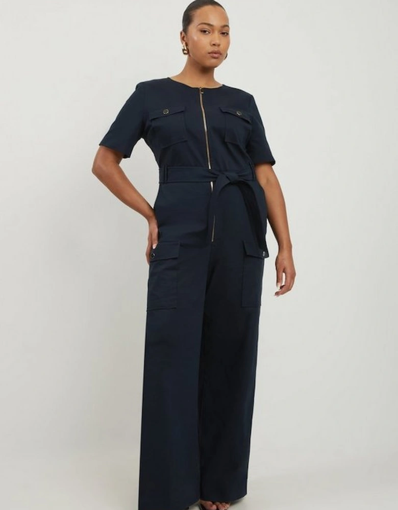 Plus Size Cargo Pocket Belted Wide Leg Tailored Jumpsuit