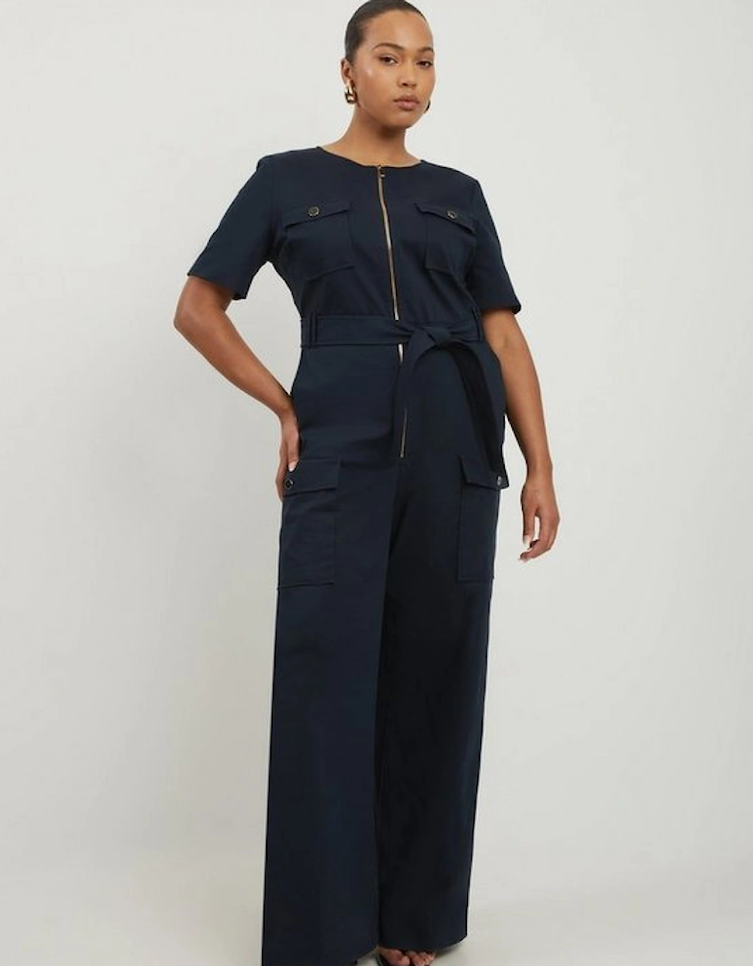 Plus Size Cargo Pocket Belted Wide Leg Tailored Jumpsuit, 5 of 4