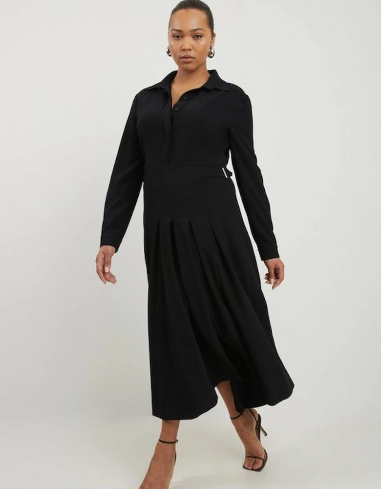 Plus Size Structured Crepe Pleated Shirt Dress
