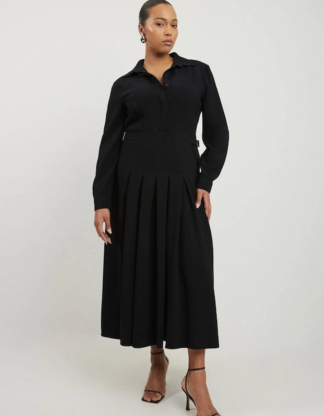 Plus Size Structured Crepe Pleated Shirt Dress