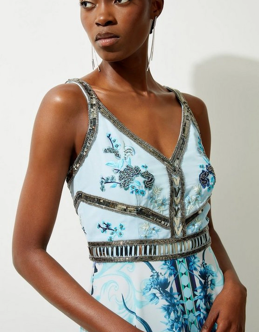 Mirrored Floral Bead And Embroidered Woven Strappy Maxi