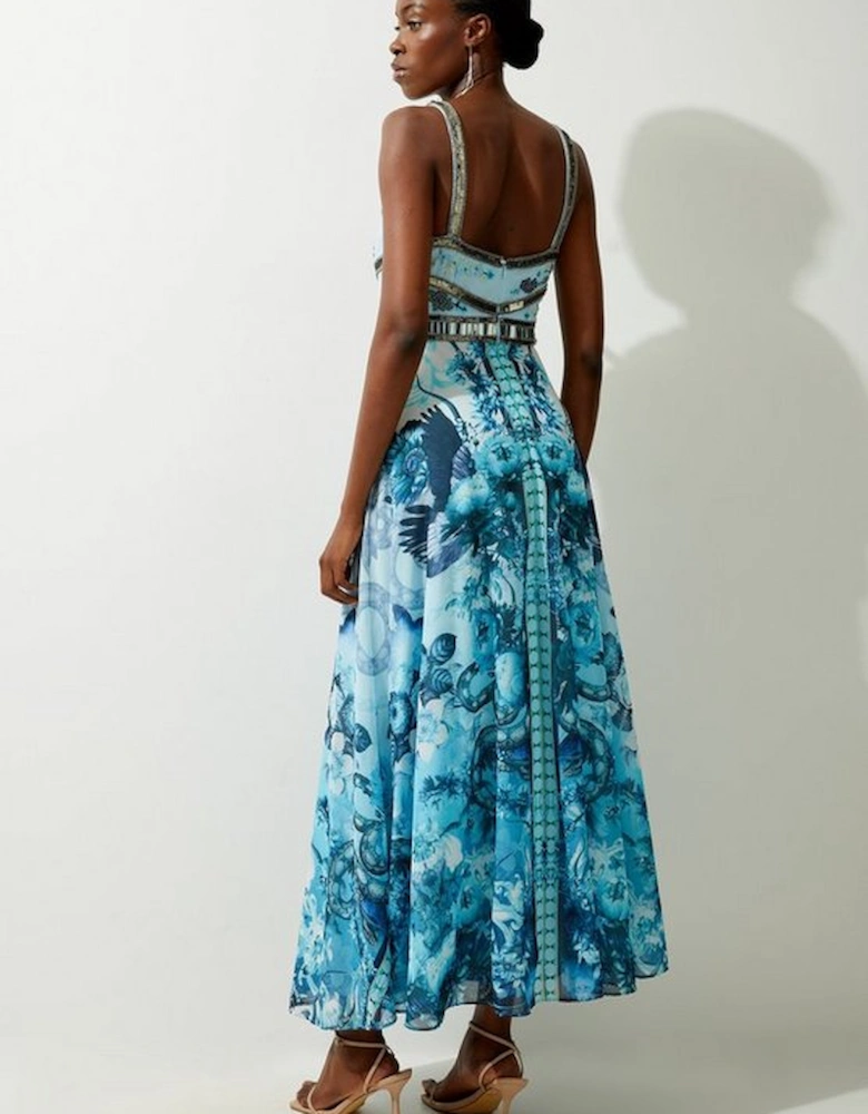 Mirrored Floral Bead And Embroidered Woven Strappy Maxi