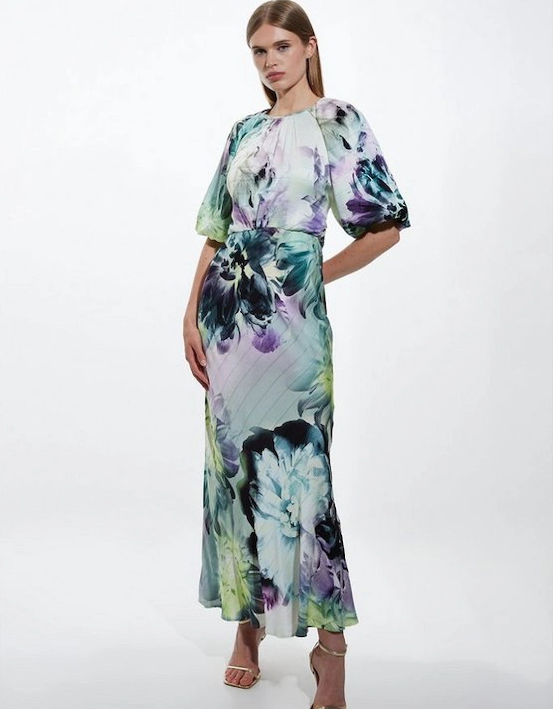 Spring Floral Printed Hammered Satin Woven Midi Dress, 4 of 3