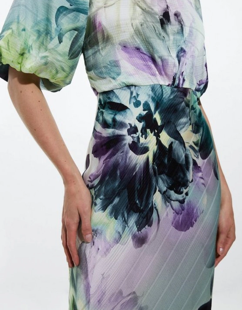Spring Floral Printed Hammered Satin Woven Midi Dress